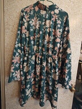 H&M Floral Dress With Bell Sleeves Teal And Pink Women Size 8